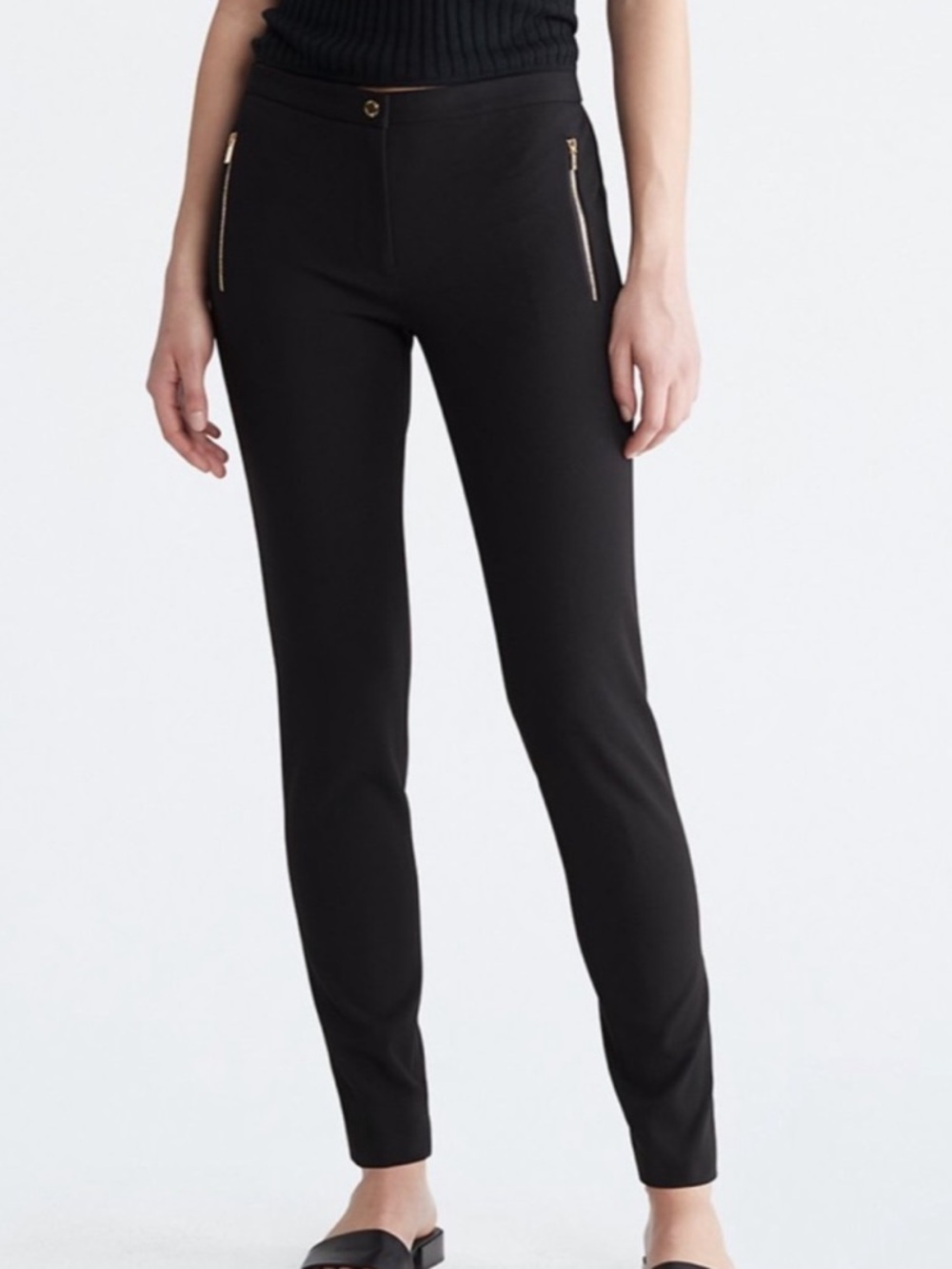 NWT Calvin Klein Slim Stretch Ponte Pants in Navy w/ Gold Zipper Pockets. SZ  14
